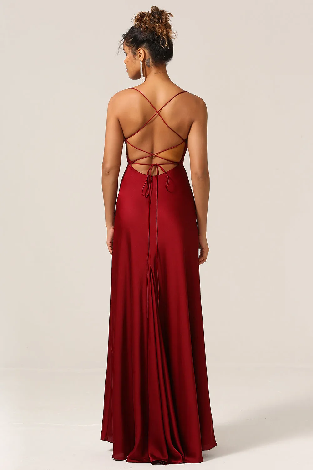 Simple A Line Lace-Up Back Burgundy Long Bridesmaid Dress with Criss Cross Back sold by Zapaka product image thumbnail 2