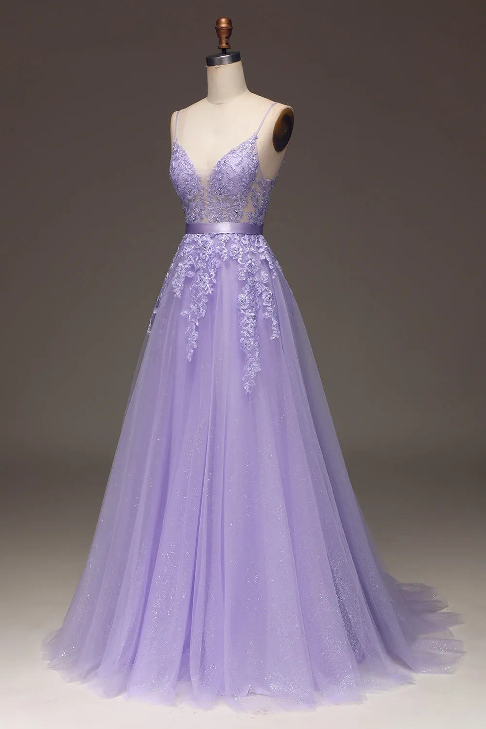 Purple A-Line Spaghetti Straps Long Beaded and Tulle Prom Dress with Appliques sold by Zapaka product image thumbnail 3