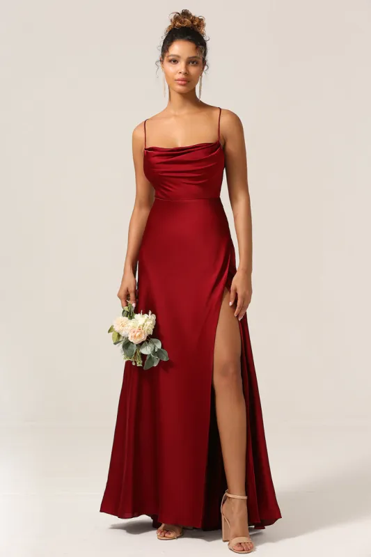 Simple A Line Lace-Up Back Burgundy Long Bridesmaid Dress with Criss Cross Back sold by Zapaka