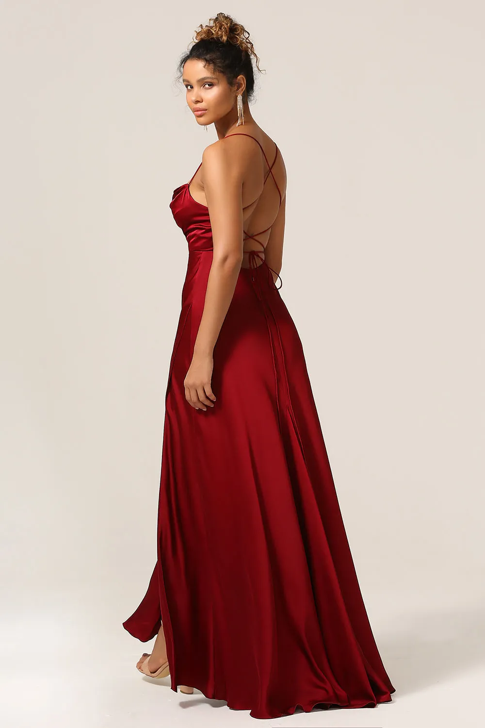 Simple A Line Lace-Up Back Burgundy Long Bridesmaid Dress with Criss Cross Back sold by Zapaka product image thumbnail 5