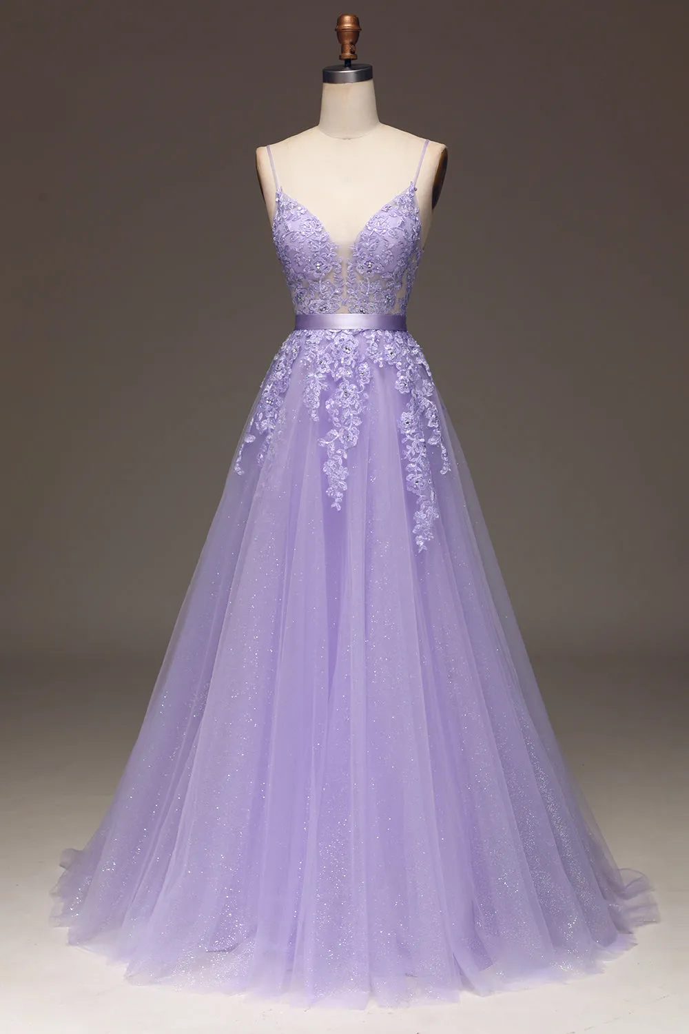 Purple A-Line Spaghetti Straps Long Beaded and Tulle Prom Dress with Appliques sold by Zapaka
