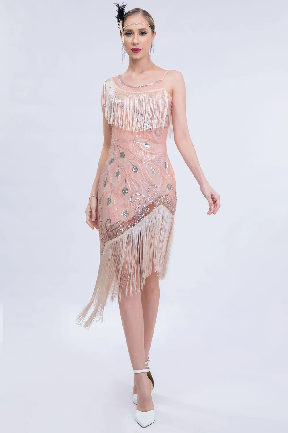 Sparkly Blush Asymmetrical Sequins Fringed 1920s Dress with Accessories Set sold by Zapaka product image thumbnail 4