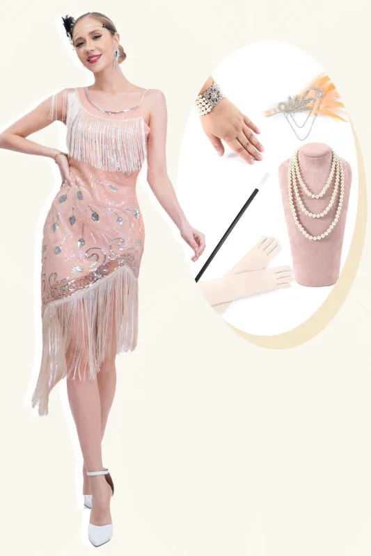 Sparkly Blush Asymmetrical Sequins Fringed 1920s Dress with Accessories Set made by Zapaka