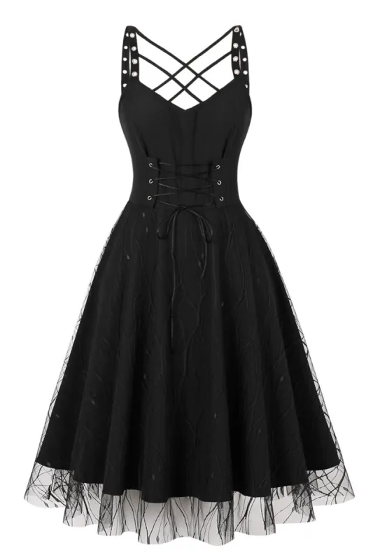 Vintage Lace-Up Cross Straps Black Halloween Dress sold by Zapaka