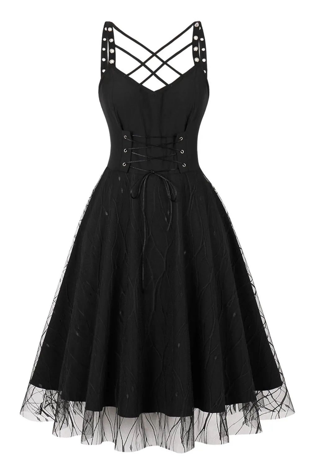 Vintage Lace-Up Cross Straps Black Halloween Dress sold by Zapaka