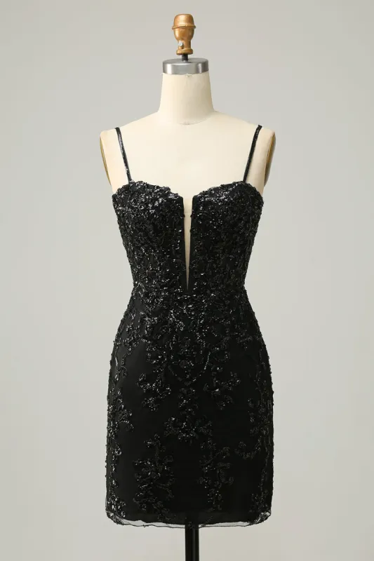 Sparkly Black Corset Sequins Tight Homecoming Dress with Lace sold by Zapaka