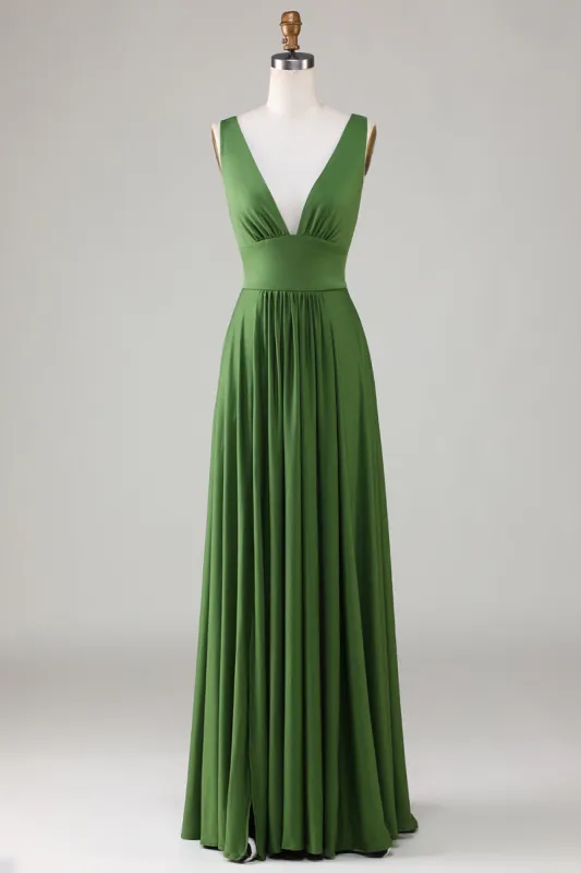 Olive Deep V-neck Sleeveless Long Bridesmaid Dress sold by Zapaka