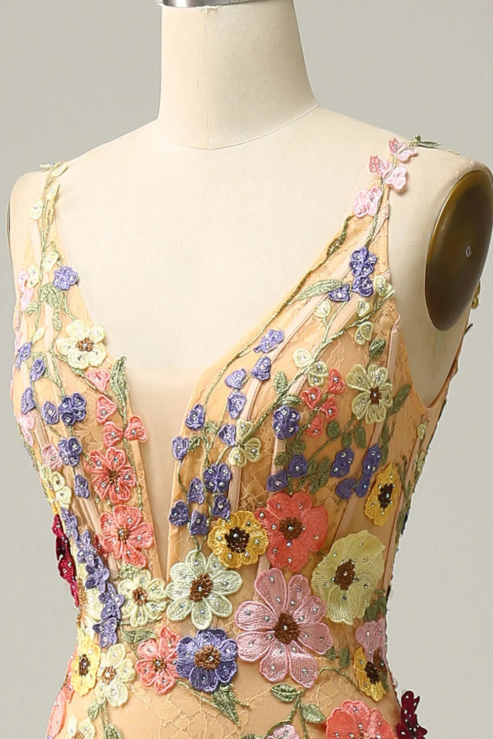 Mermaid Deep V Neck Champagne Long Prom Dress with Appliques sold by Zapaka product image thumbnail 5