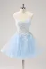 Blue A Line Spaghetti Straps Short Homecoming Dress with Appliques sold by Zapaka