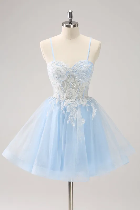Blue A Line Spaghetti Straps Short Homecoming Dress with Appliques sold by Zapaka