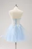 Blue A Line Spaghetti Straps Short Homecoming Dress with Appliques sold by Zapaka