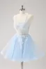 Blue A Line Spaghetti Straps Short Homecoming Dress with Appliques sold by Zapaka