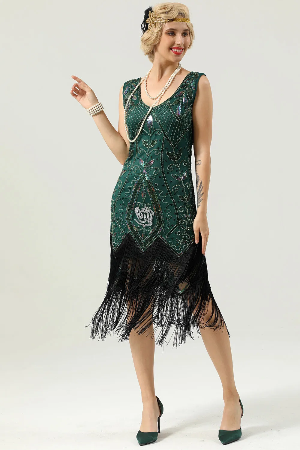 Dark Green Beaded Glitter Fringe 1920s Flapper Dress sold by Zapaka