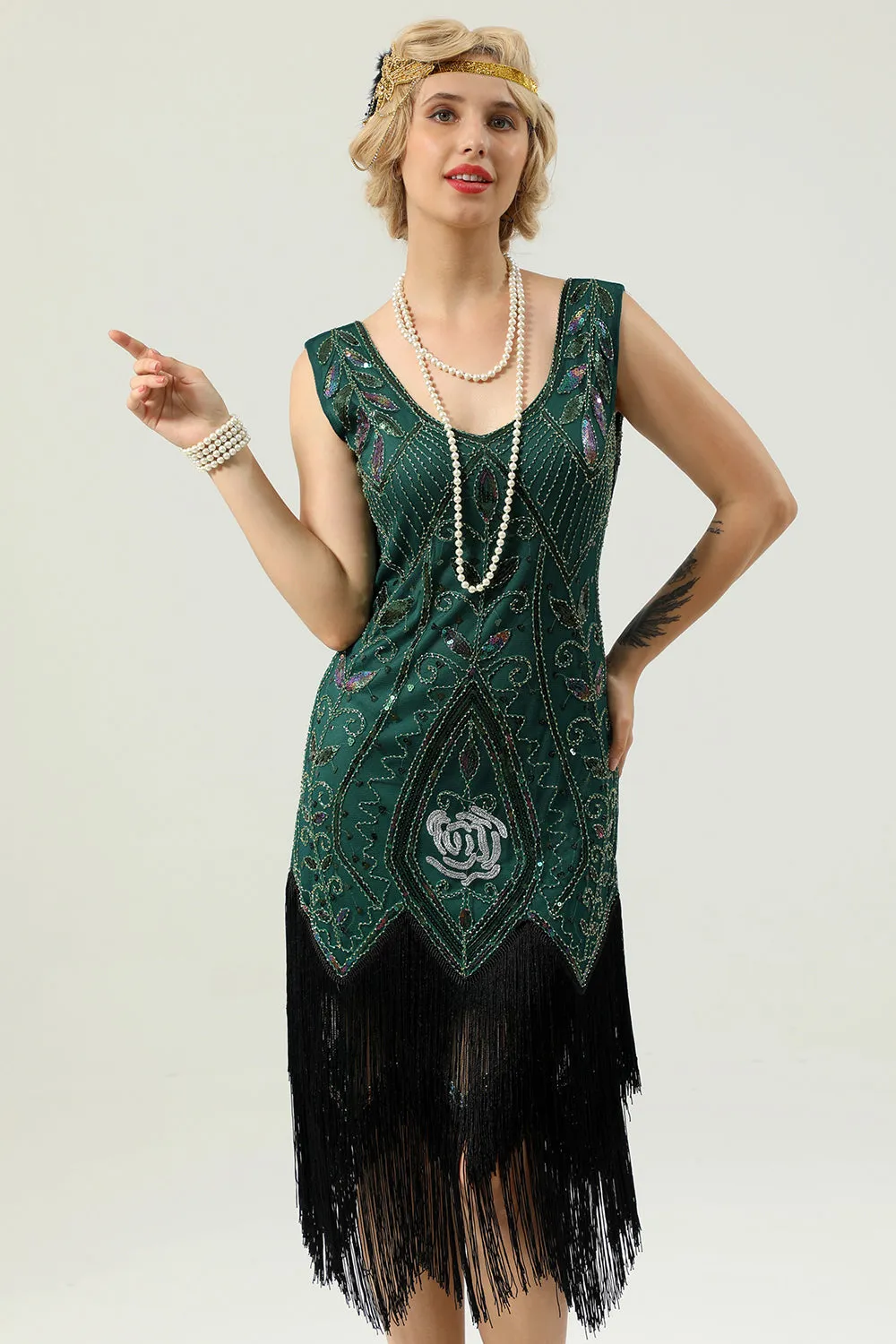 Dark Green Beaded Glitter Fringe 1920s Flapper Dress sold by Zapaka product image thumbnail 4