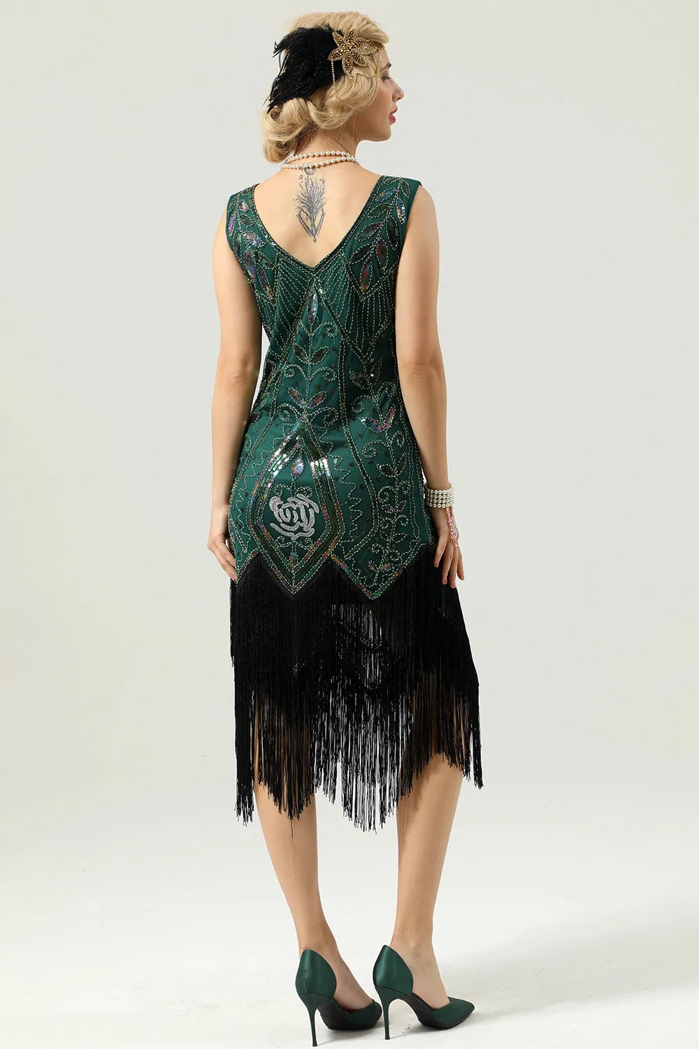 Dark Green Beaded Glitter Fringe 1920s Flapper Dress sold by Zapaka product image thumbnail 3