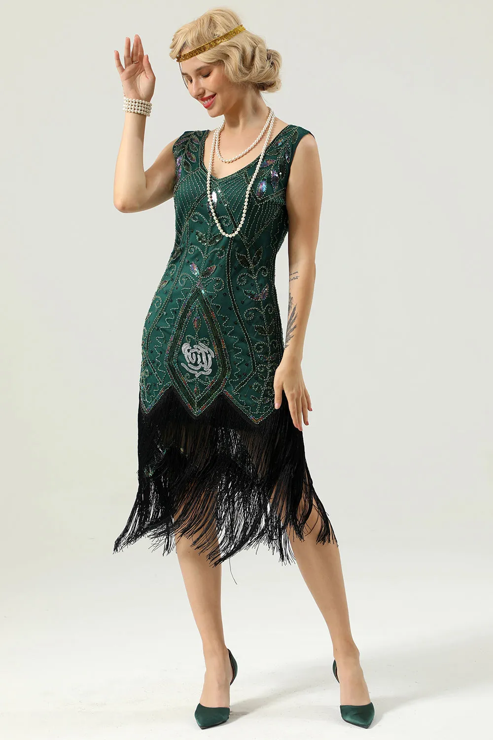 Dark Green Beaded Glitter Fringe 1920s Flapper Dress sold by Zapaka product image thumbnail 2