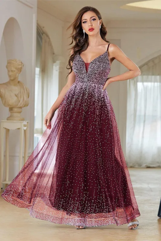 Burgundy A-Line Spaghetti Straps Beaded Prom Dress sold by Zapaka
