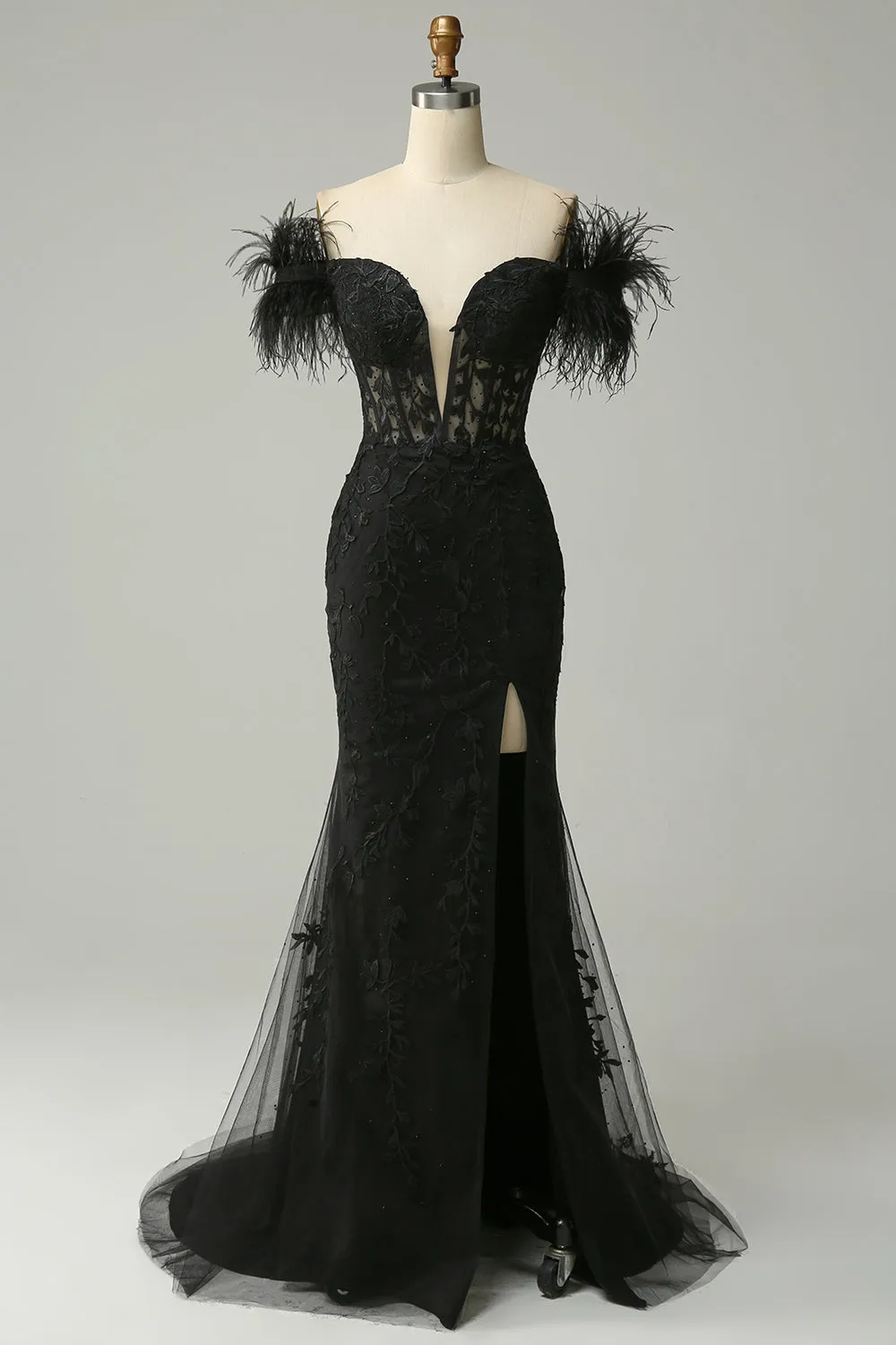 Off the Shoulder Black Mermaid Prom Dress with Feathers sold by Zapaka