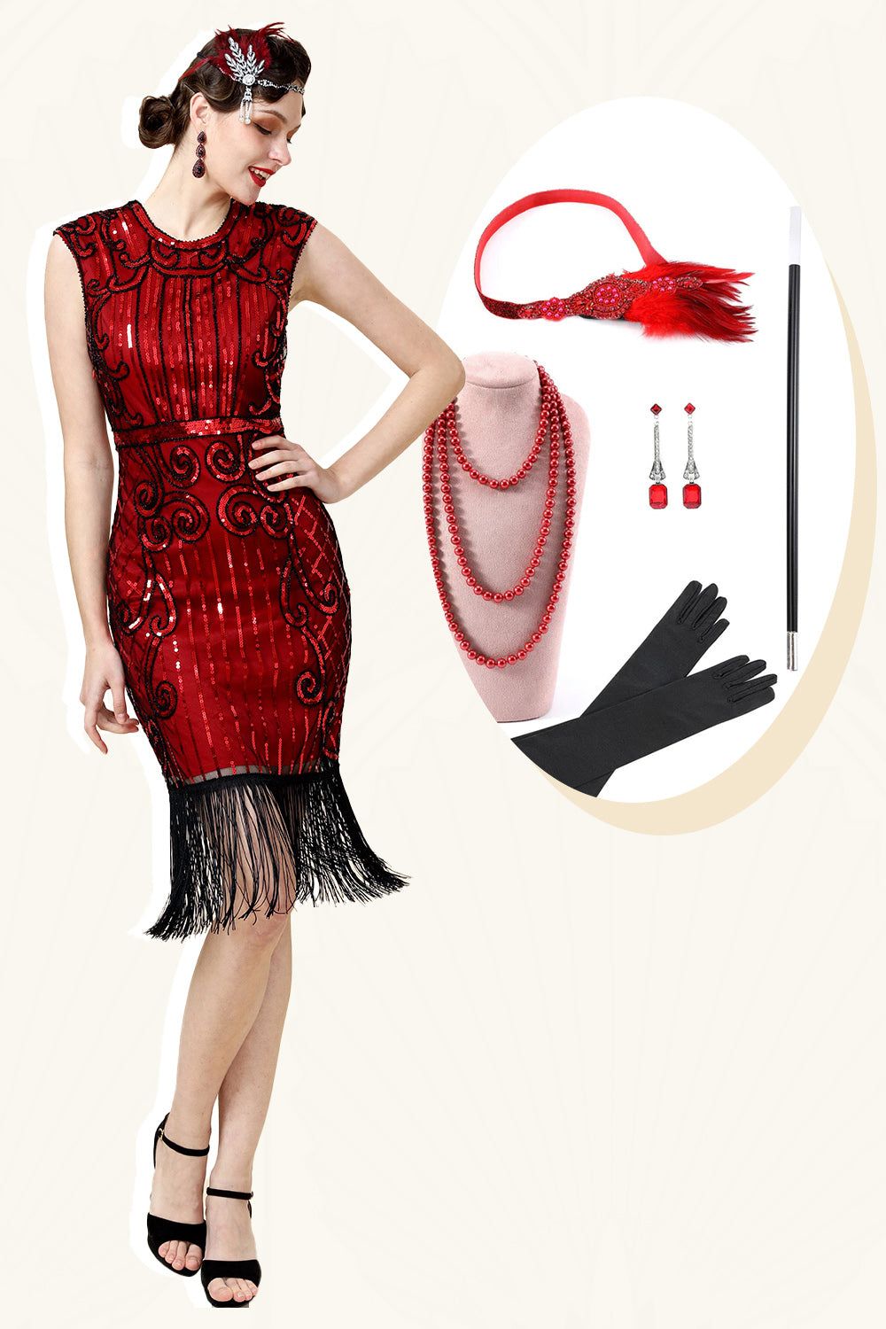 Burugndy Sequins Fringed Flapper Dress with 1920s Accessories Set sold by Zapaka