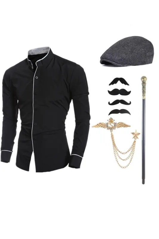 Stand Collar Long Sleeves Black Men's Suit Shirt with Accessories Set sold by Zapaka