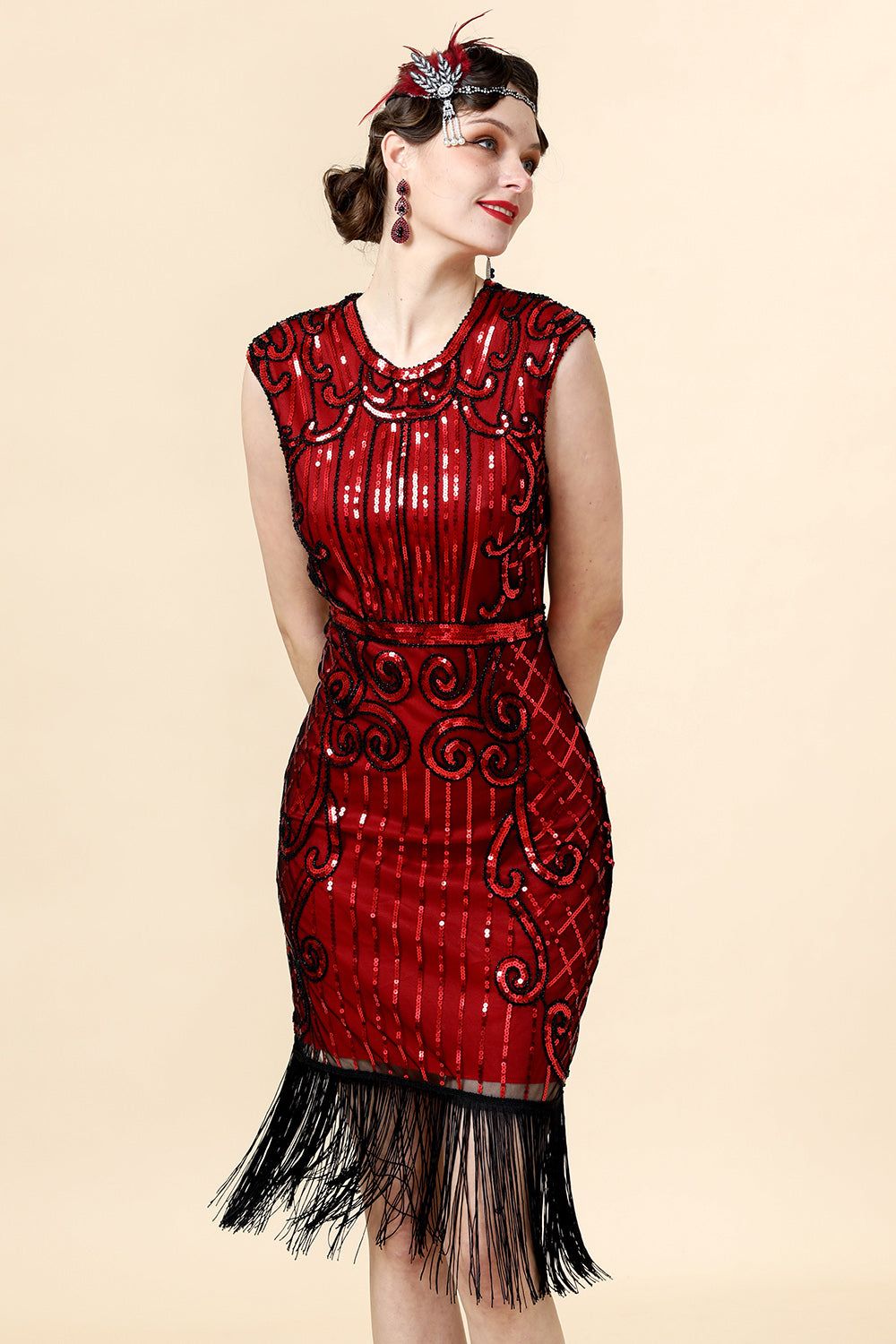 Burugndy Sequins Fringed Flapper Dress with 1920s Accessories Set sold by Zapaka product image thumbnail 2
