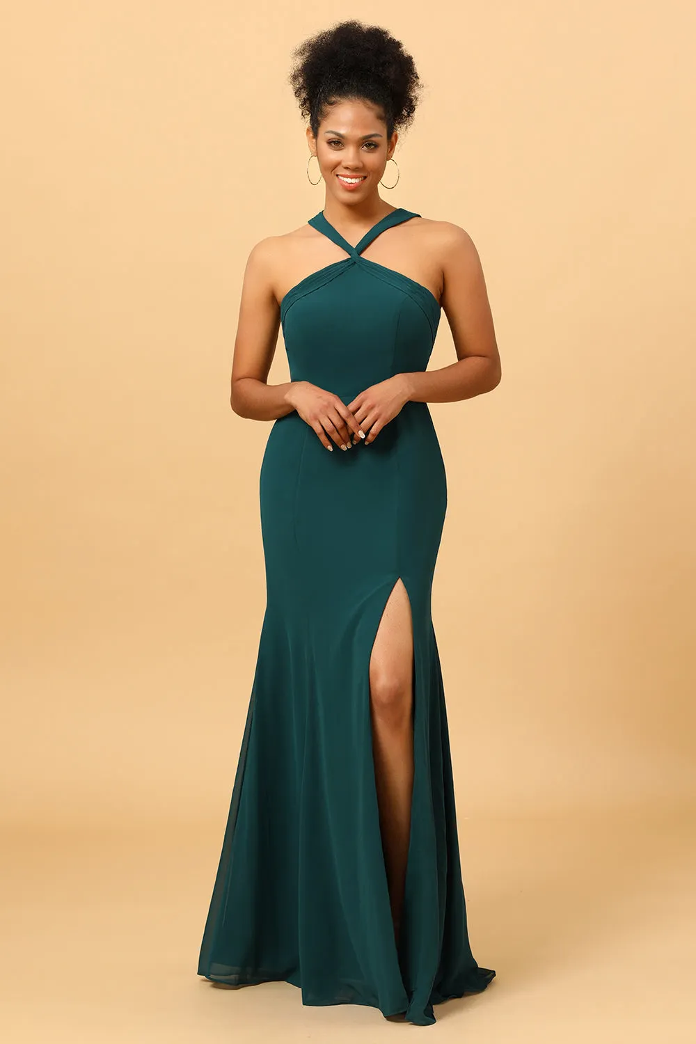 Green Mermaid Chiffon Bridesmaid Dress with Slit sold by Zapaka
