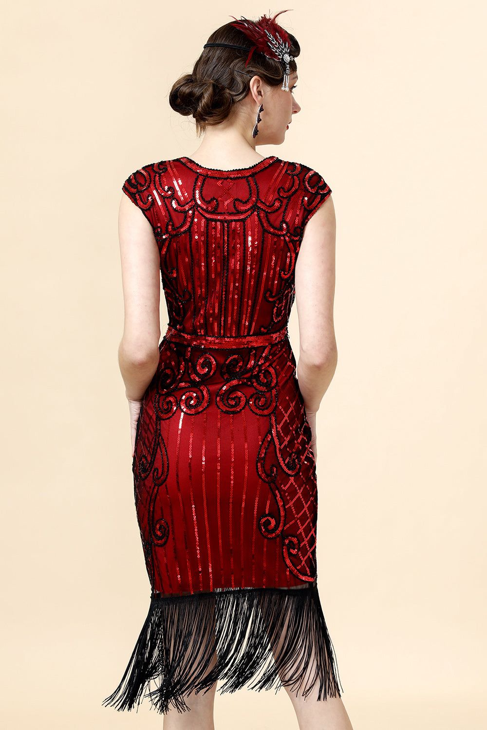 Burugndy Sequins Fringed Flapper Dress with 1920s Accessories Set sold by Zapaka product image thumbnail 3
