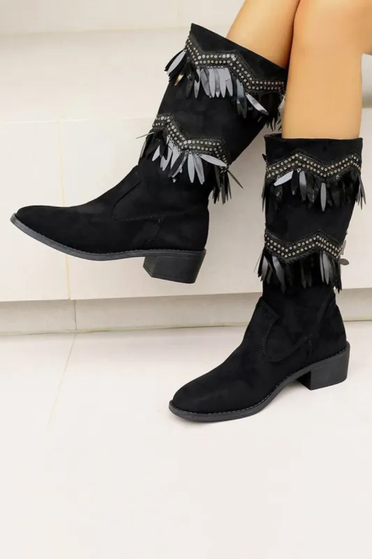 Black Pointed Toe Chunky Heel Boots For Fall Winter sold by Zapaka