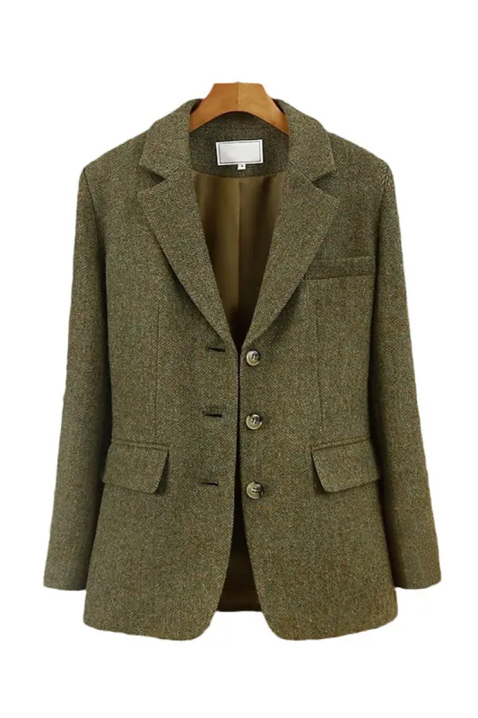 Green Notched Lapel Tweed Women Blazer sold by Zapaka