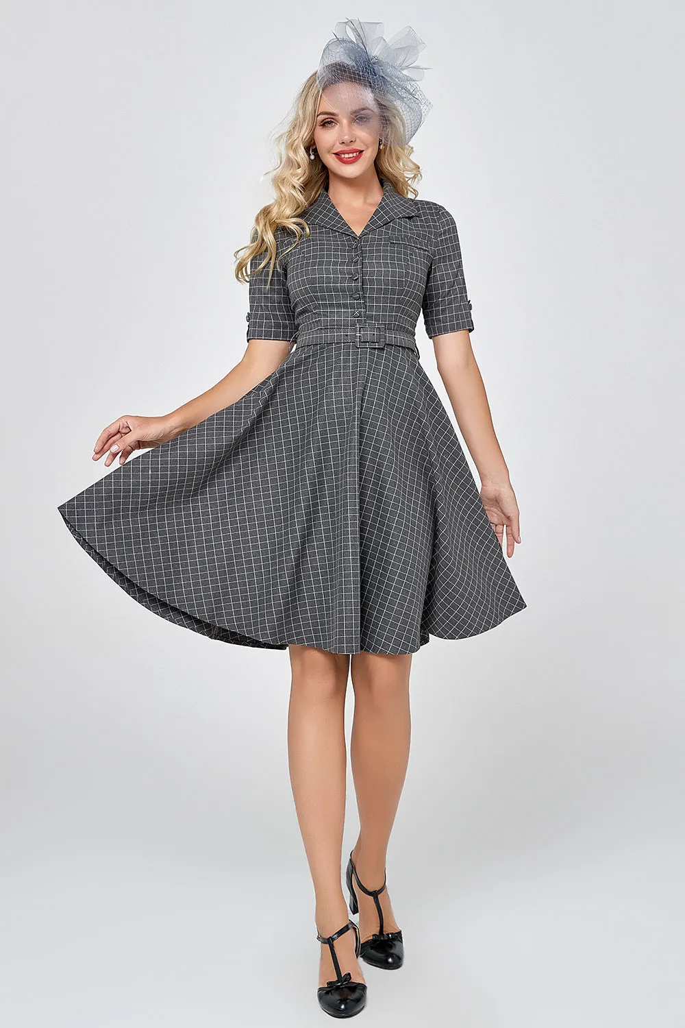 Grey Plaid Half Sleeves Vintage 1950s Dress sold by Zapaka product image thumbnail 4
