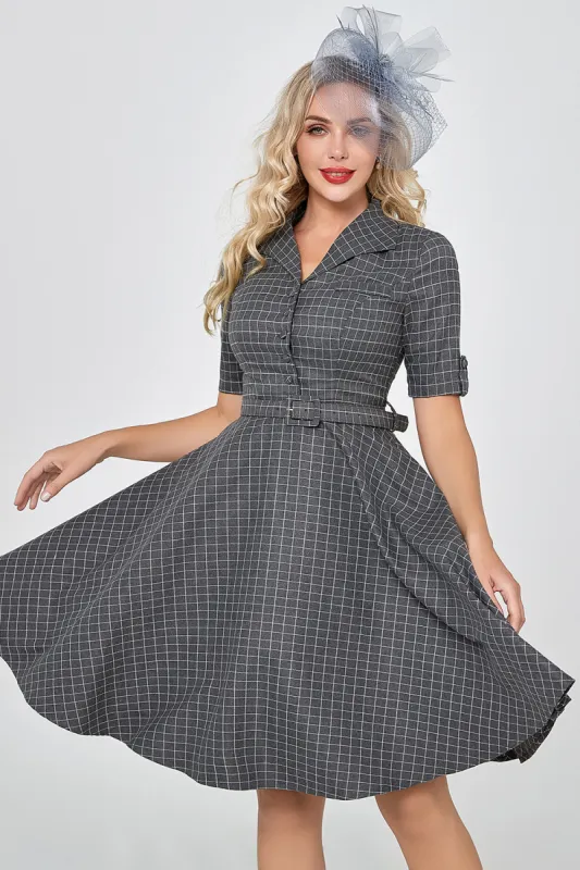 Grey Plaid Half Sleeves Vintage 1950s Dress sold by Zapaka