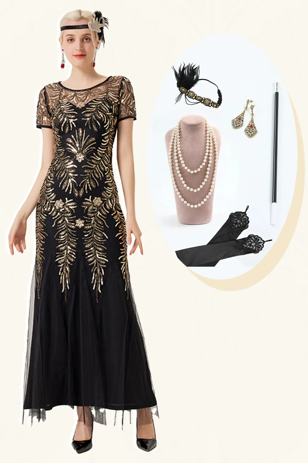 Black Golden Sequins Short Sleeves Long 1920s Dress with 20s Accessories Set sold by Zapaka