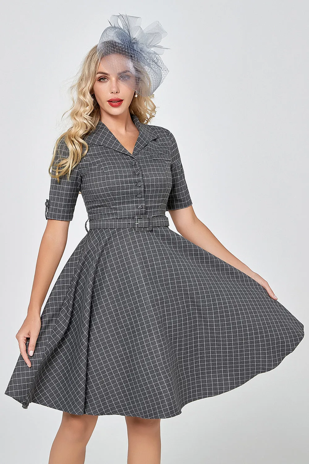 Grey Plaid Half Sleeves Vintage 1950s Dress sold by Zapaka product image thumbnail 5