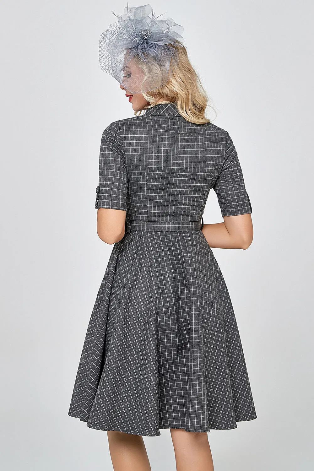 Grey Plaid Half Sleeves Vintage 1950s Dress sold by Zapaka product image thumbnail 2