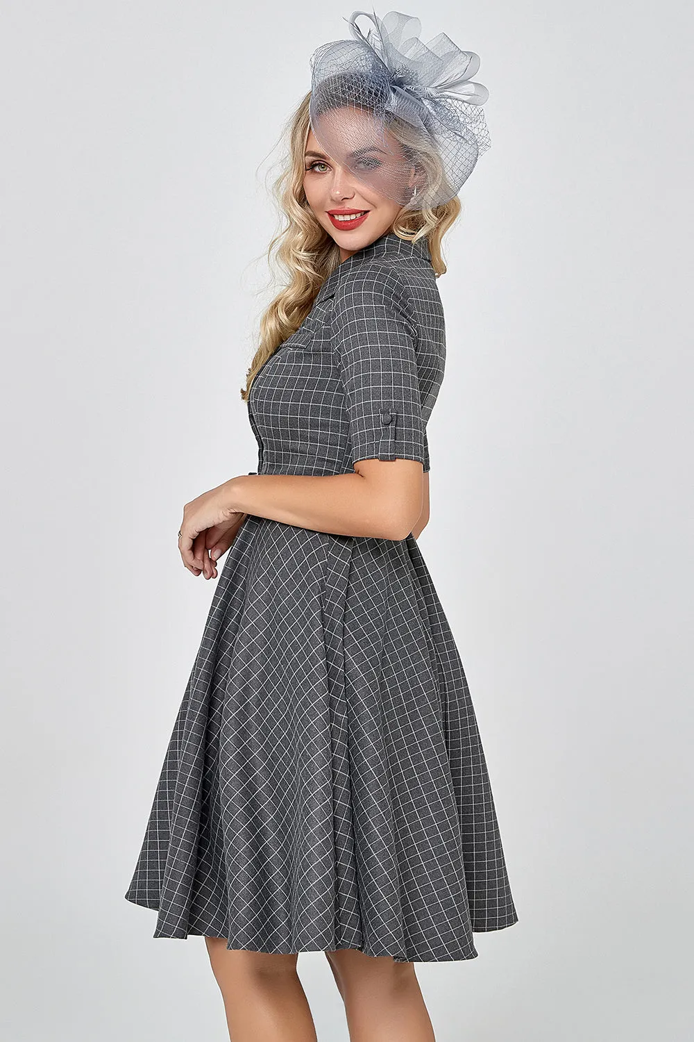 Grey Plaid Half Sleeves Vintage 1950s Dress sold by Zapaka product image thumbnail 3