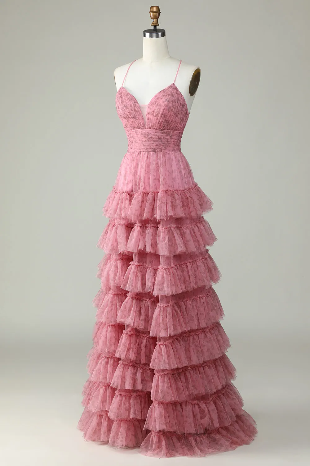 A Line Spaghetti Straps Layered Pink Tulle Prom Dress with Floral Printed sold by Zapaka product image thumbnail 3