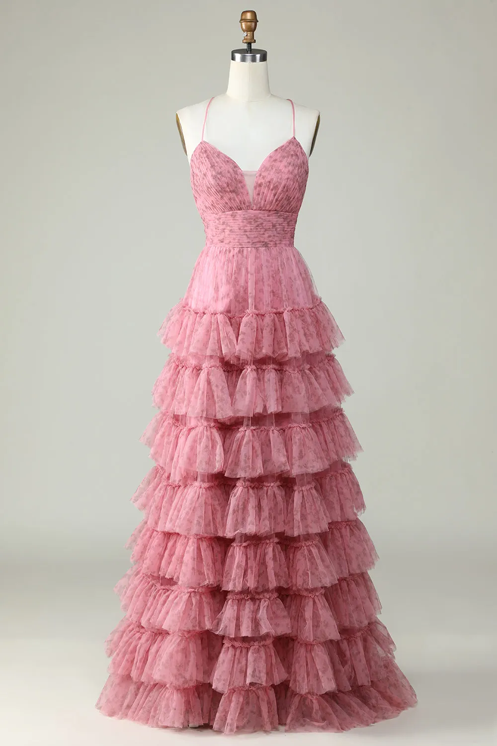 A Line Spaghetti Straps Layered Pink Tulle Prom Dress with Floral Printed sold by Zapaka