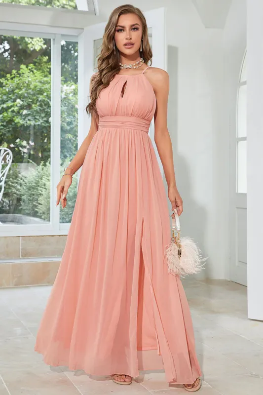 Orange Chiffon Halter Bridesmaid Dress with Slit sold by Zapaka