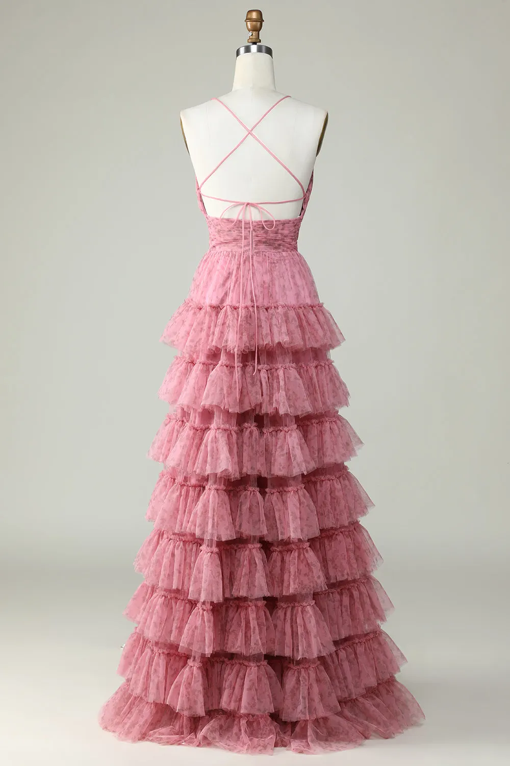 A Line Spaghetti Straps Layered Pink Tulle Prom Dress with Floral Printed sold by Zapaka product image thumbnail 2