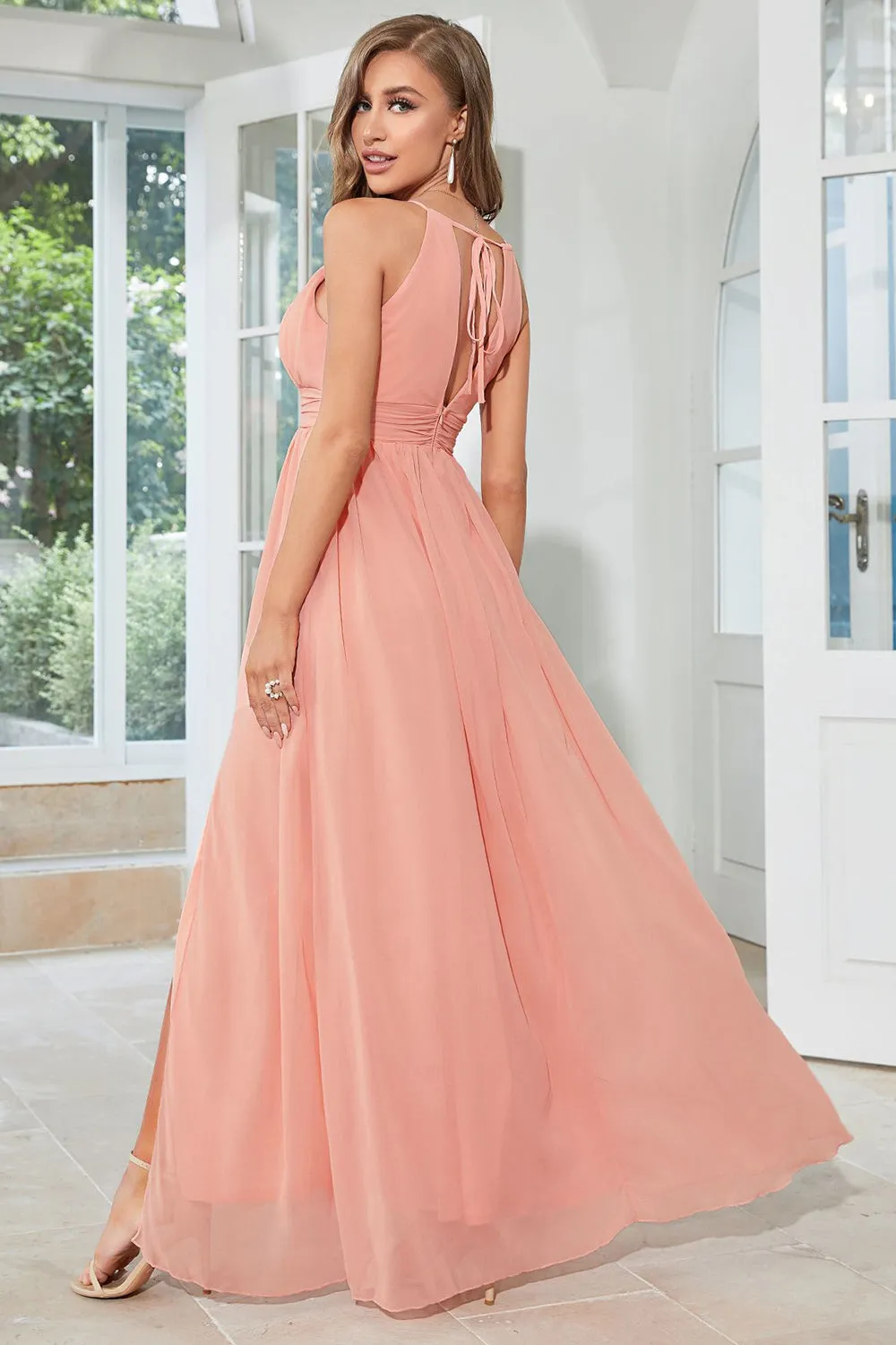 Orange Chiffon Halter Bridesmaid Dress with Slit sold by Zapaka product image thumbnail 2