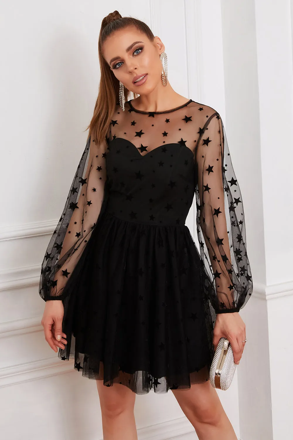 Long Sleeves Tulle Little Black Dress sold by Zapaka product image thumbnail 5