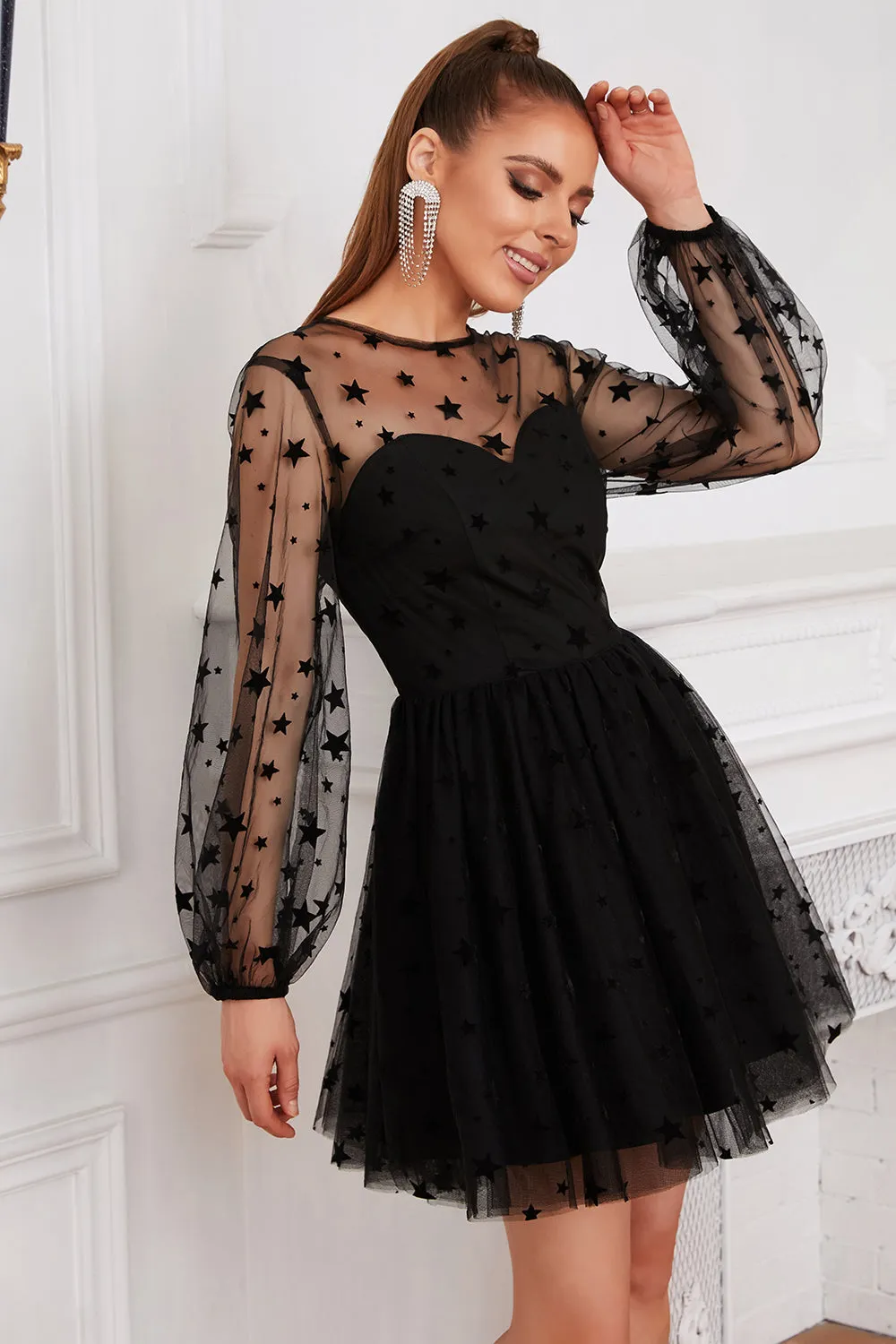 Long Sleeves Tulle Little Black Dress sold by Zapaka
