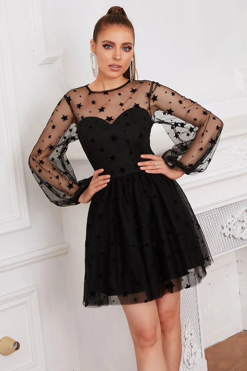 Long Sleeves Tulle Little Black Dress sold by Zapaka product image thumbnail 4