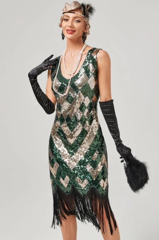 Green Scoop Neck Sleeveless Flapper Dress With Fringes sold by Zapaka