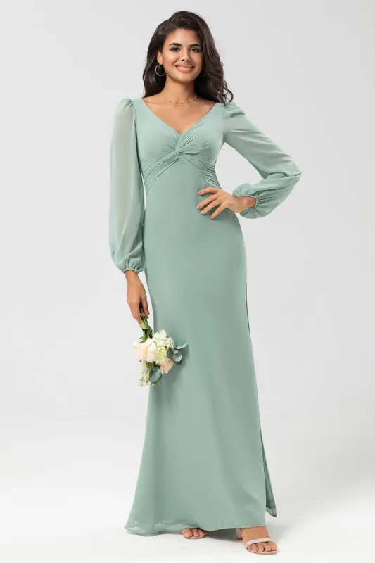 Long Sleeves Green Bridesmaid Dress with Slit sold by Zapaka