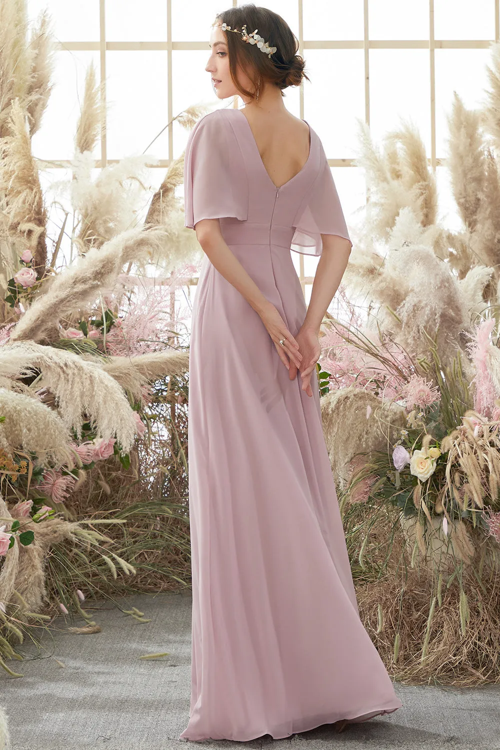 Blush Batwing Sleeves Chiffon Bridesmaid Dress sold by Zapaka product image thumbnail 2