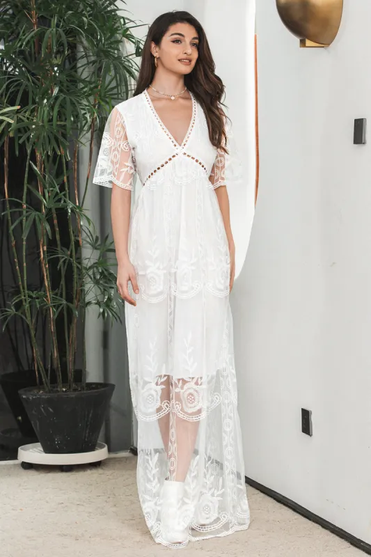 Simple White V Neck Boho Maxi Graduation Dress with Lace sold by Zapaka