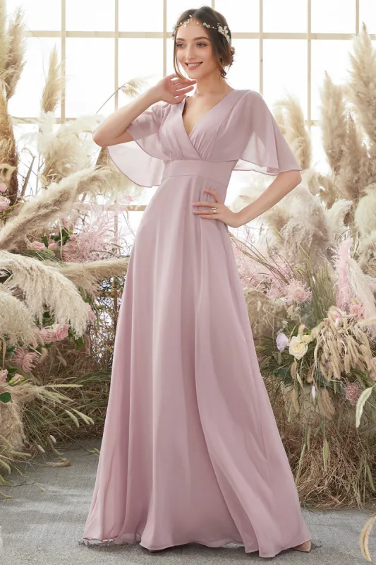 Blush Batwing Sleeves Chiffon Bridesmaid Dress sold by Zapaka