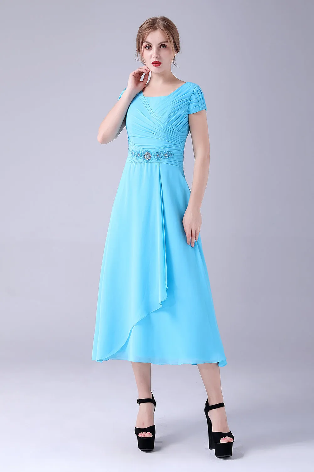 Sky Blue A-Line Square Neck Mother Of the Bride Dress With Pleated sold by Zapaka