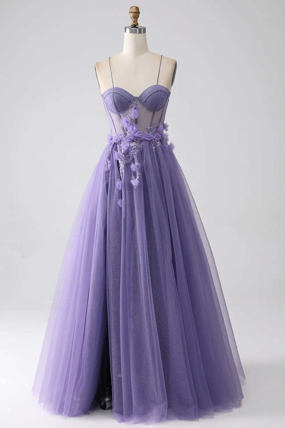 Purple A-Line Spaghetti Straps Corset Prom Dress with 3D Flowers sold by Zapaka